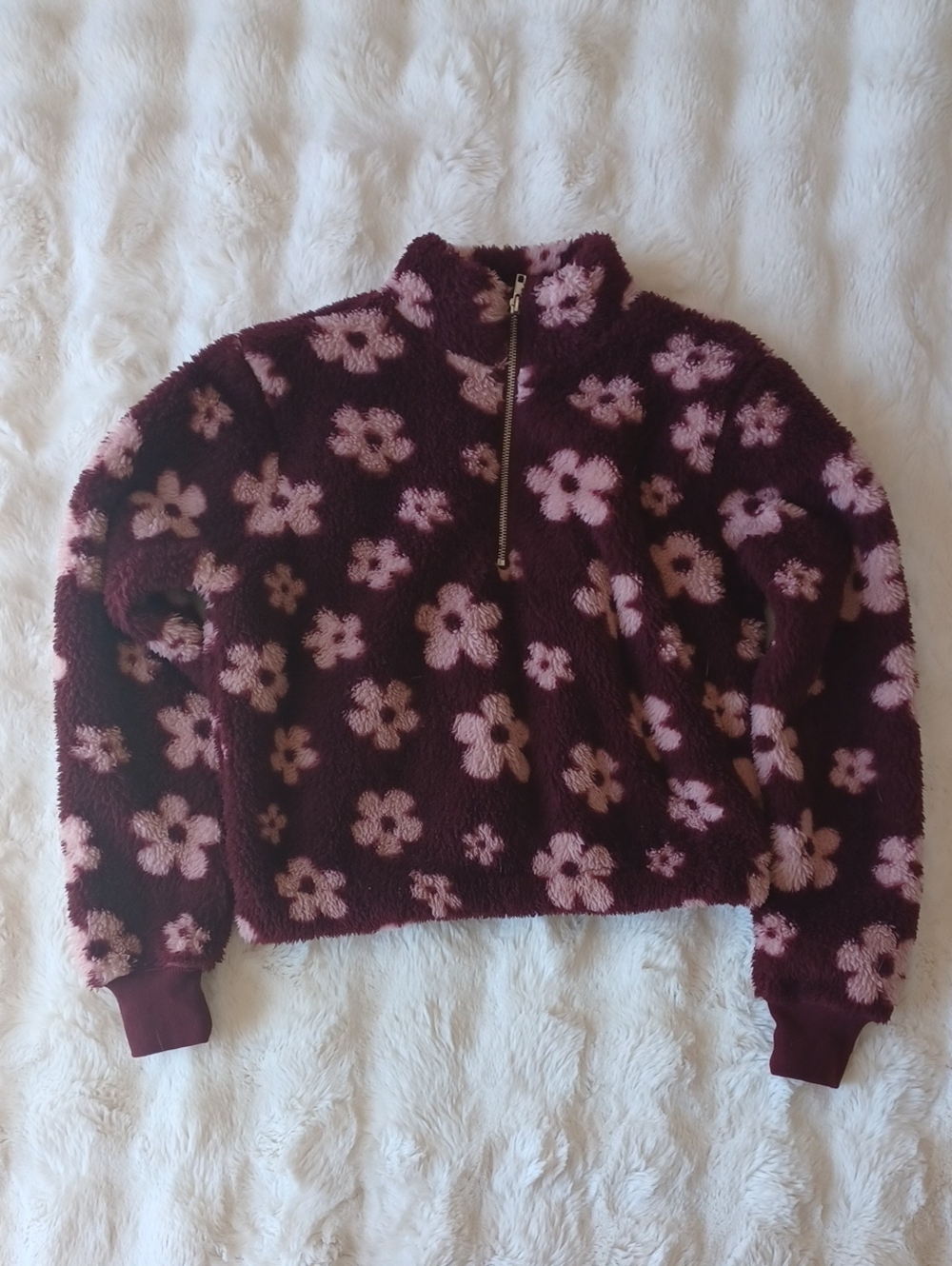 Women’s Burgundy Floral Sherpa Half-Zip Jacket - Picture 3 of 11